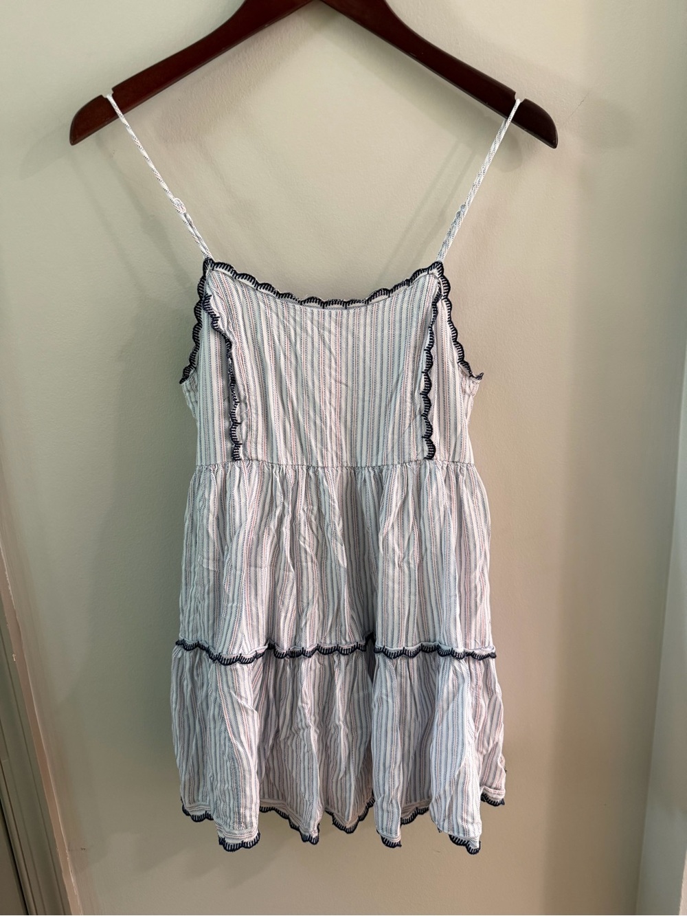 Urban Outfitters Hanna Tiered embroidered babydoll mini dress red white and blue